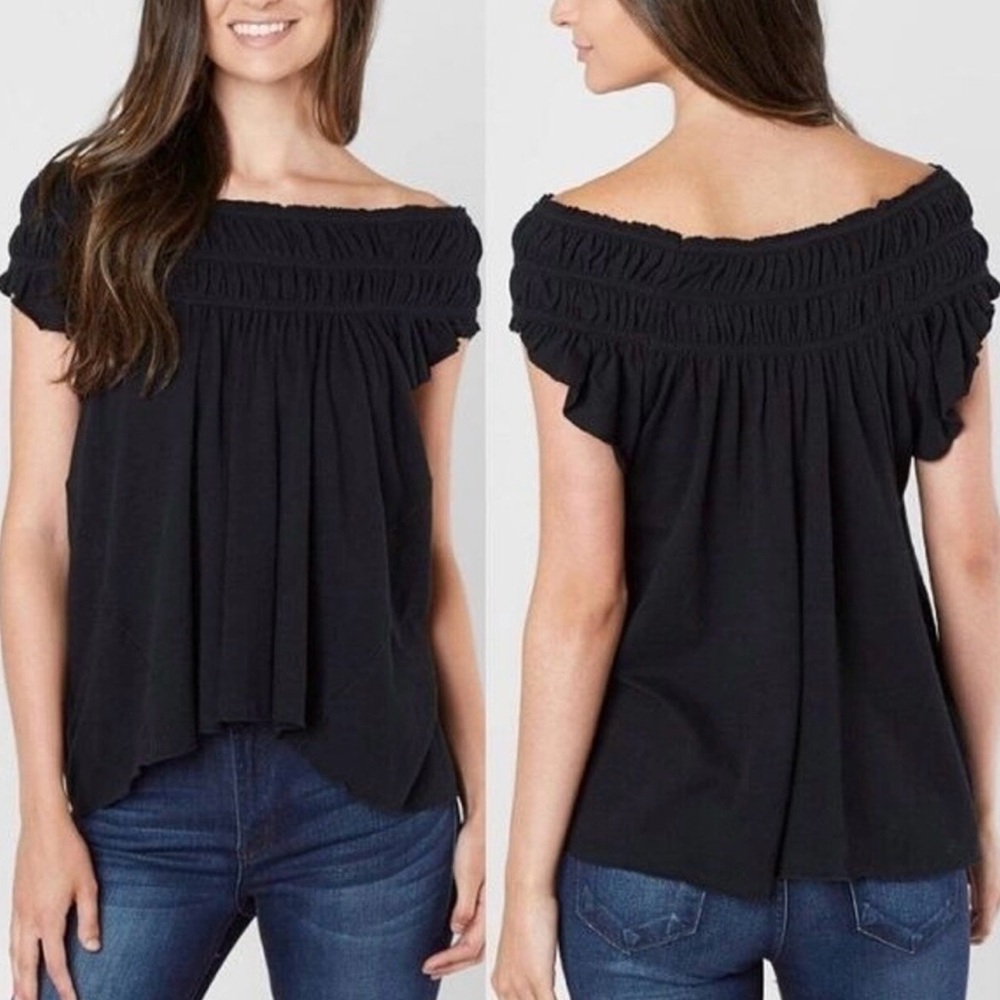Free People Black Coconut Ruffle Off Shoulder Off the Shoulder Blouse Large